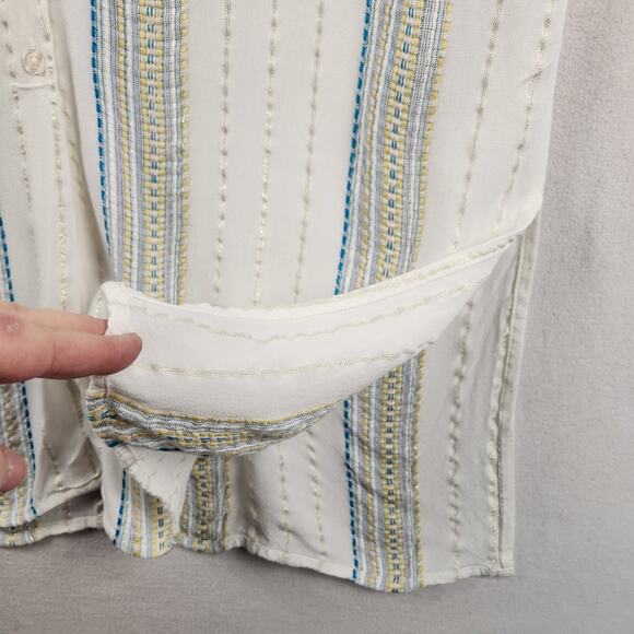 Elan Striped Button Up Shirt Women M Cream Blue Gold Metallic Made in India EUC - Picture 6 of 15